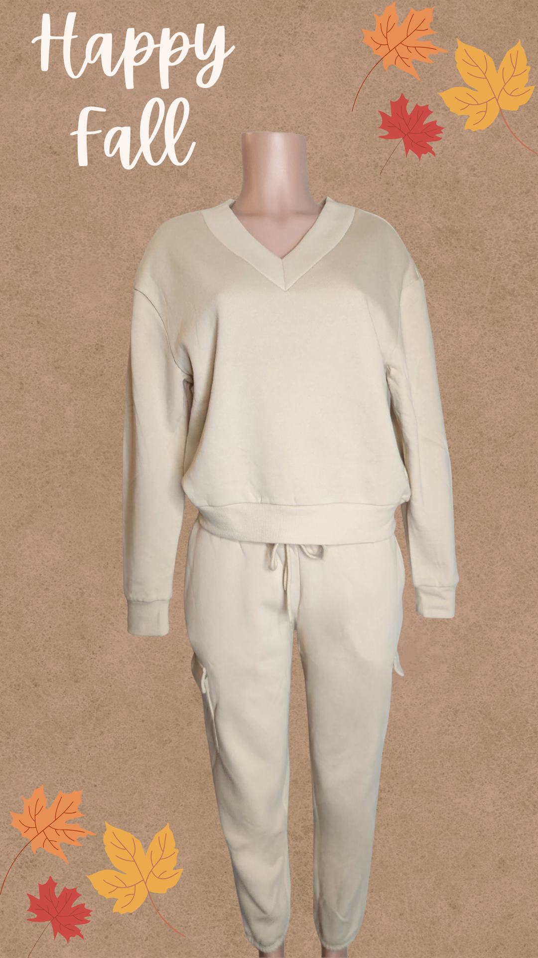 Beige fleece v neck and pants set