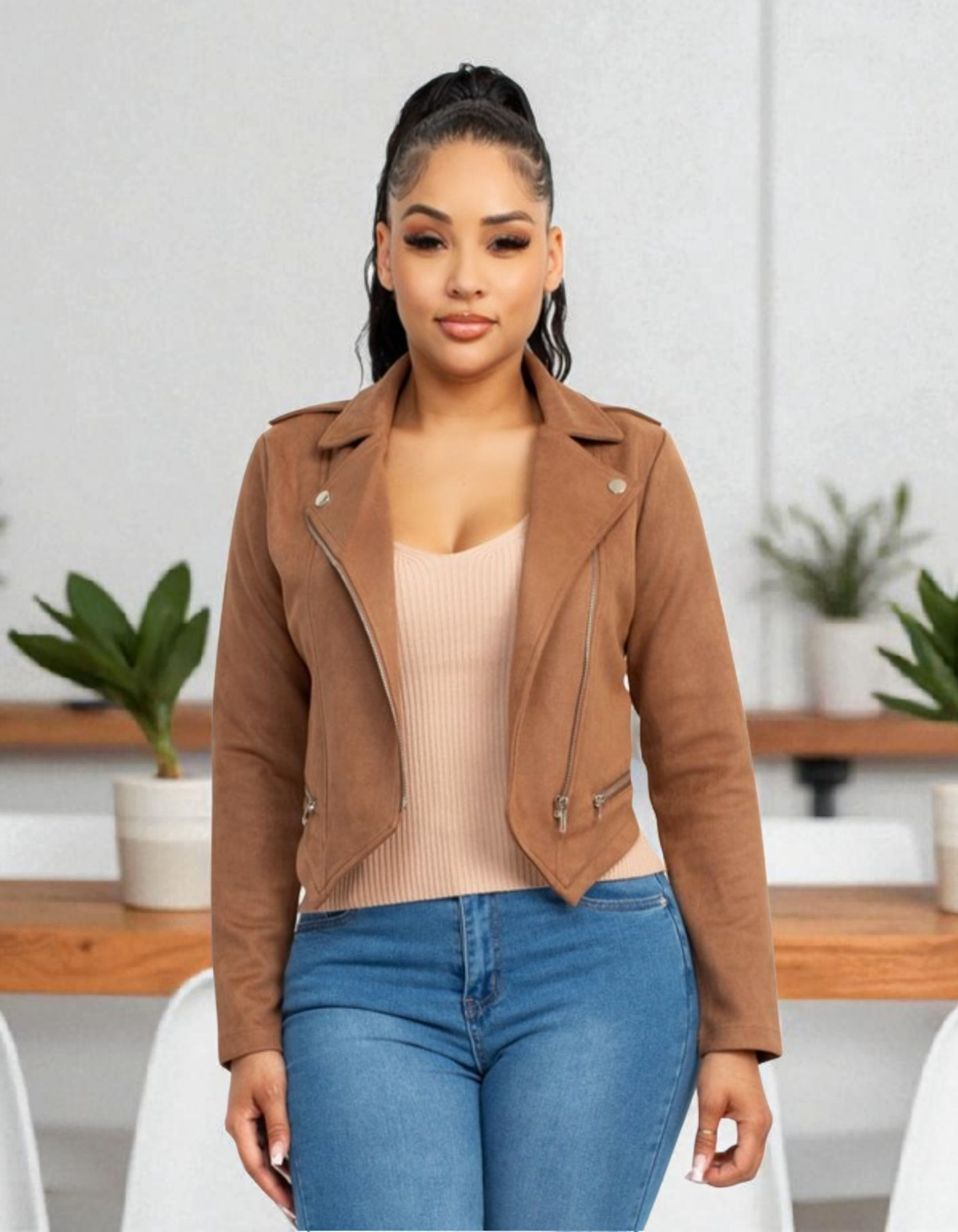 Angled Hem Suede Crop Jacket