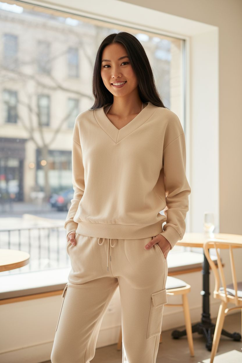 Beige fleece v neck and pants set