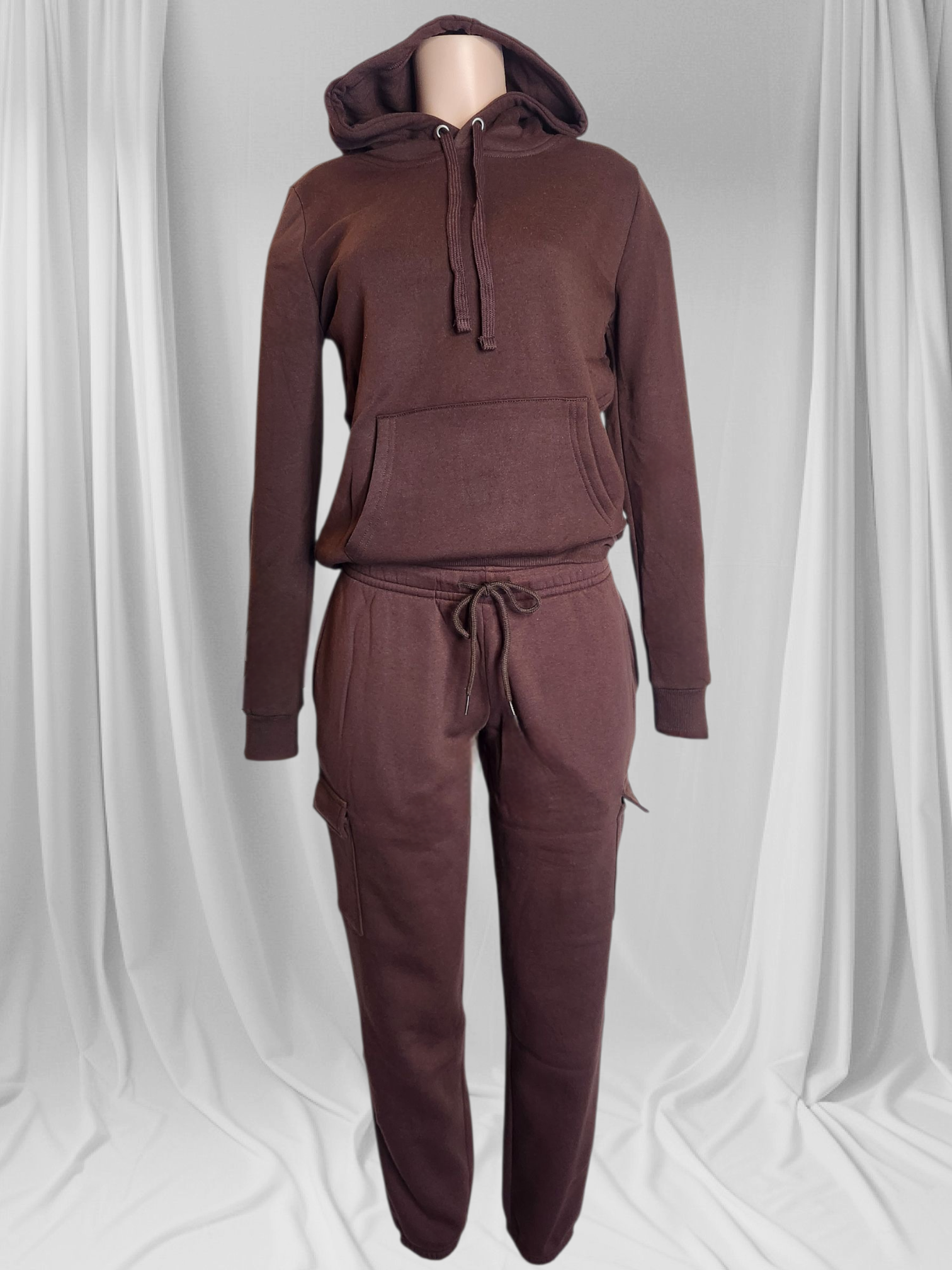 Brown Fleece hoodie and pants set.